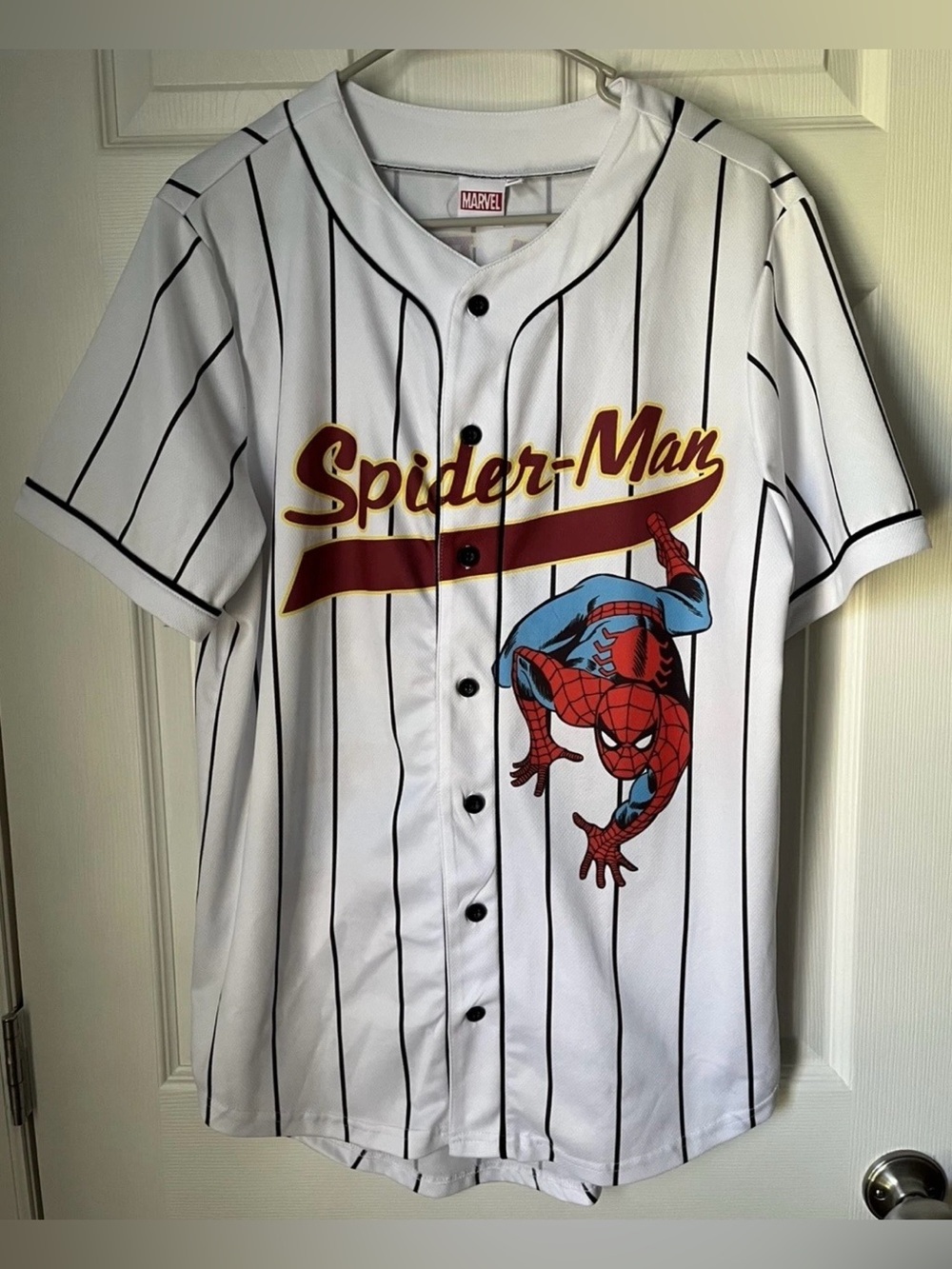Marvel Spider-Man Graphic Baseball Jersey Top #62 White Striped